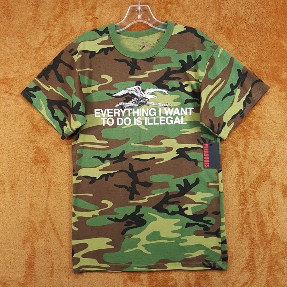 Pleasures Shirt Mens Medium Green Camo Crew Illegal Graphic Fitted Logo T-Shirt